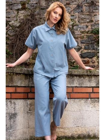 Önden Düğmeli Gömlek Yaka Mavi Kadın Pijama Takımı Vienetta 412010