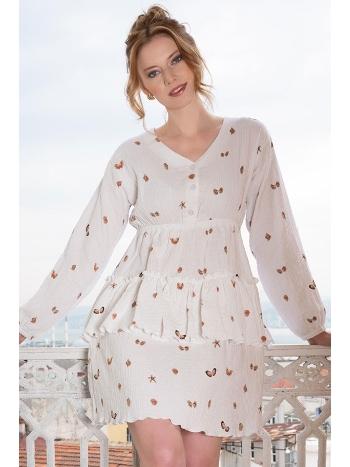 Beyaz Balon Kol Kelebek Desenli Kısa Kadın Elbise Vienetta 412029