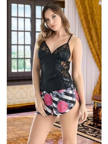 Siyah-beyaz Desenli Saten Şortlu Takım Nathalie 1010