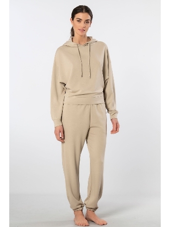 Viskon Elastan Bej Cepli Kapüşonlu Jogger Kadın Eşofman Takımı Türen 3609