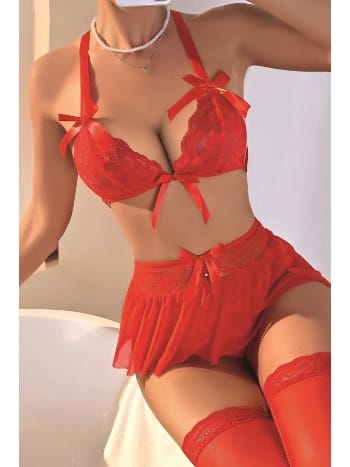 Fiyonklu Dantel ve Saten Fantezi Sütyen Etek Takım Nathalie 1001