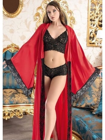 Kırmızı Saten Sabahlıklı Üçlü İç Çamaşırı Takımı Nathalie 4047