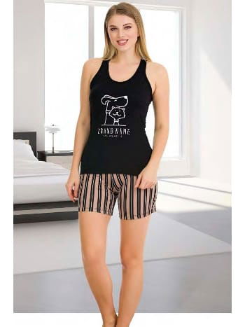 Kedi Köpek Desenli Çizgili Şortlu Kadın Pijama Takımı Lady 7711 - 2