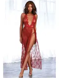 Kırmızı Dantelli Fiyonklu Uzun Gecelik Takımı Loomerie 532