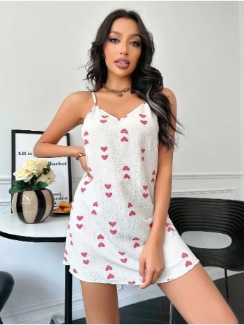 Kalp Desenli Askılı Gecelik Beyaz Lily Bianca 13030