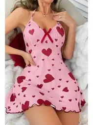 Boyundan Bağlamalı Kısa Gecelik Kırmızı Kalpli Pembe Ruselin 5064