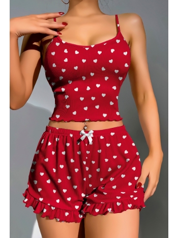 Kırmızı Kalp Desenli Kadın Pijama Takımı Lily Bianca 13100