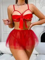 Kırmızı Dantelli Tül Sütyen Etek Takımı İzabel 13008