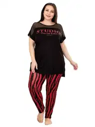 Kırmızı Siyah Çizgili Desen Büyük Beden Pijama Takımı Lady 10807