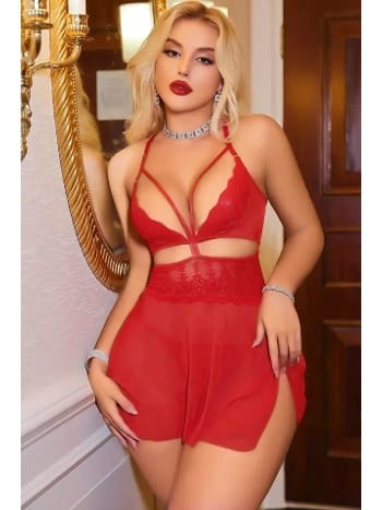 Kırmızı Şeffaf Dantel Tek Parça Body Ruselin 2181