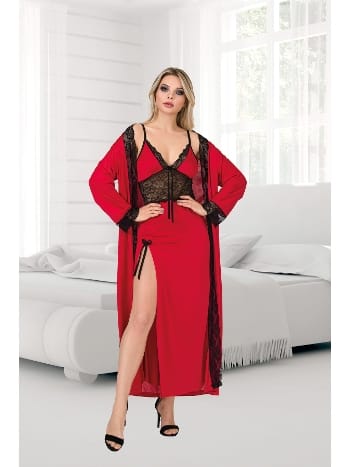 Kırmızı Yandan Yırtmaçlı Büyük Beden Gecelik Sabahlık Takımı İzabel 7002