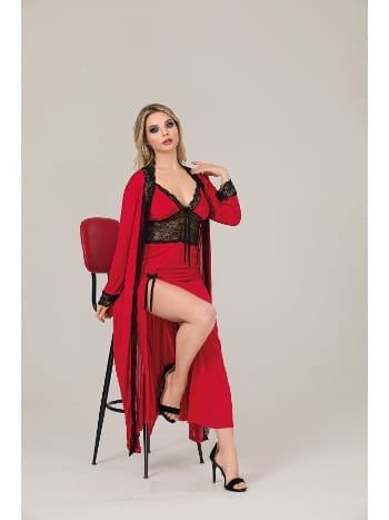 Kırmızı Yandan Yırtmaçlı Büyük Beden Gecelik Sabahlık Takımı İzabel 7002 - 2