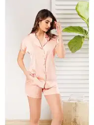 Kısa Kollu Dantel Detaylı Pijama Takımı Pink Night 1203