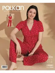 Kısa Kollu V Yaka Kırmızı Yıldız Desenli Pijama Takım Polkan 19090