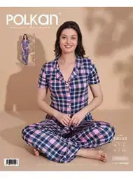 Lacivert Kareli Viskon Kısa Kollu Pijama Takımı Polkan 19003