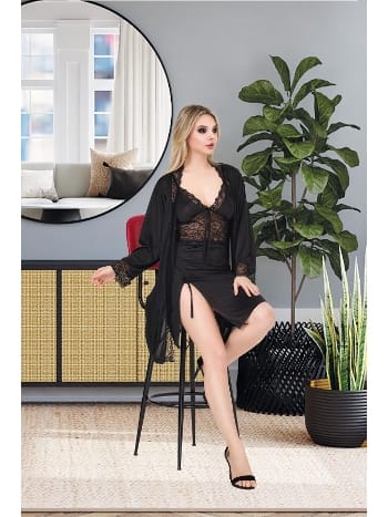 Dantel Detaylı Kısa Gecelik Sabahlık Takım İzabel 7010