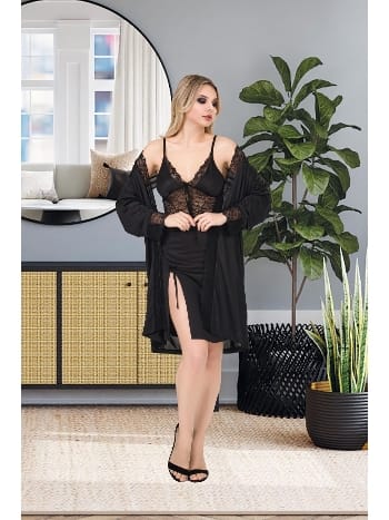 Dantel Detaylı Kısa Gecelik Sabahlık Takım İzabel 7010 - 2