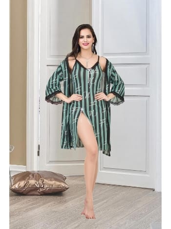 Kısa Yırtmaç Detaylı Çizgili Kadın Sabahlık İzabel 7001