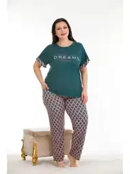 Koyu Yeşil Büyük Beden Kısa Kollu Pijama Takımı Lady 10932