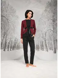 Pamuk ve Polyester Kuşaklı Lastikli T-shirt Pantolon Hırka Takım Doreanse 7136
