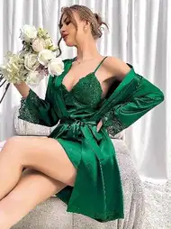 Dantelli Kuşaklı Saten Gecelik Takım Pink Night 1531
