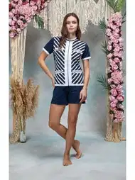Lacivert Beyaz Çizgili Fermuarlı Şort Pijama Takımı Doreanse 25Y4079