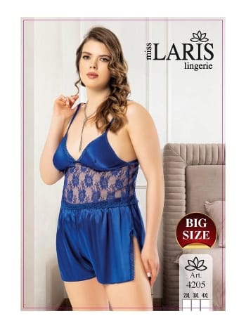 Lacivert Dantel İşlemeli Saten Şort Takım Miss Laris 4205