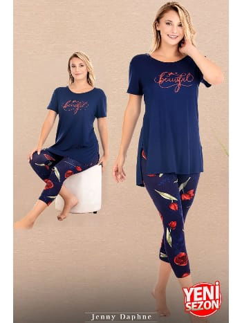 Lacivert Çiçek Desenli Kısa Kollu Kapri Pijama Takımı Lady 12074