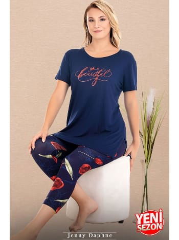 Lacivert Çiçek Desenli Kısa Kollu Kapri Pijama Takımı Lady 12074 - 2