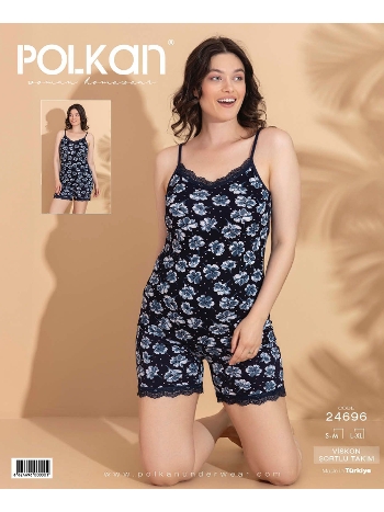 Lacivert Çiçekli Askılı Viskon Şort Pijama Takımı Polkan 24696