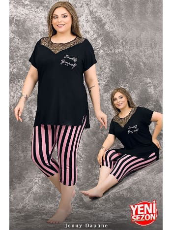 Büyük Beden Çizgili Tül Yaka Kısa Kollu Kapri Pijama Takımı Lady 10719
