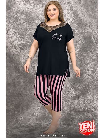Büyük Beden Çizgili Tül Yaka Kısa Kollu Kapri Pijama Takımı Lady 10719 - 2