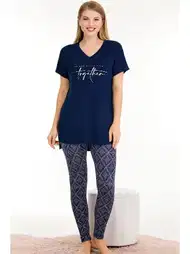 Desenli Kısa Kol V Yaka Pijama Takımı Lady 12576