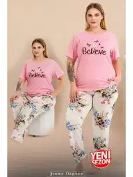Büyük Beden Çiçekli Kısa Kollu Pijama Takımı Lady 11005