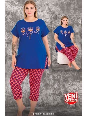 Büyük Beden Renkli Desenli Kısa Kollu Uzun Kapri Pijama Takımı Lady 10718