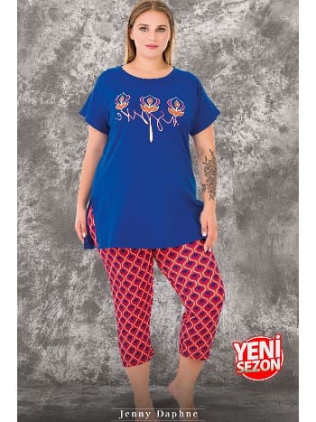 Büyük Beden Renkli Desenli Kısa Kollu Uzun Kapri Pijama Takımı Lady 10718 - 2