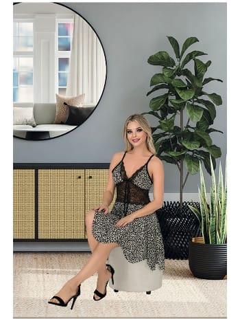 Leopar Desen Asimetrik Kesim Kısa Gecelik Somon İzabel 3009 - 2