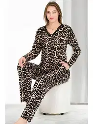 Leopar Desenli Dantel Yaka Uzun Kollu Pijama Takımı Lady 11650