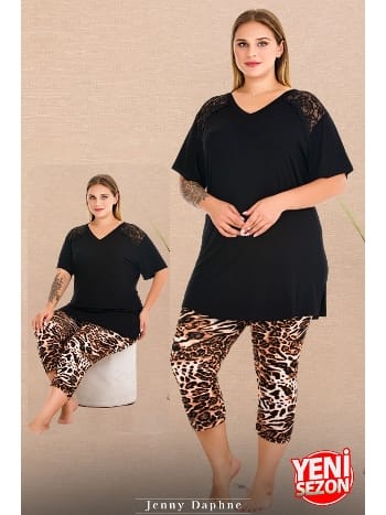 Leopar Desenli V Yaka Dantelli Kapri Pijama Takımı Lady 10730