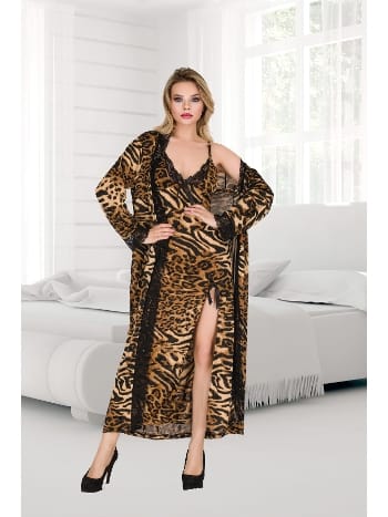 Leopar Desenli Yırtmaçlı Uzun Gecelik Sabahlık Takım İzabel 7000