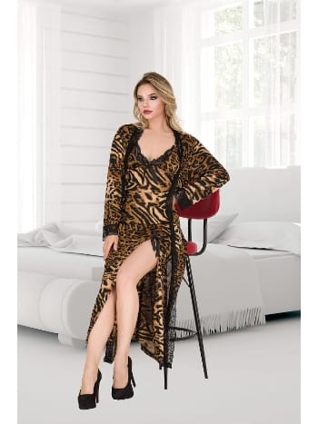 Leopar Desenli Yırtmaçlı Uzun Gecelik Sabahlık Takım İzabel 7000 - 2