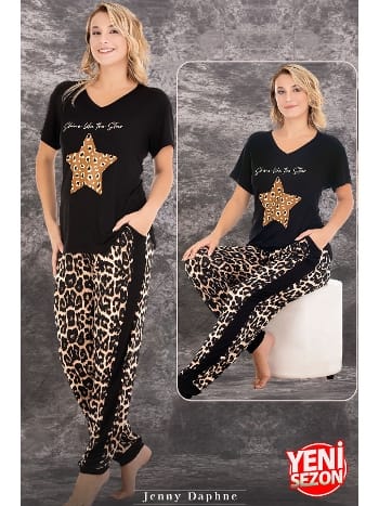 Leopar Yıldız Desenli V Yaka Kısa Kol Pijama Takımı Lady 12588