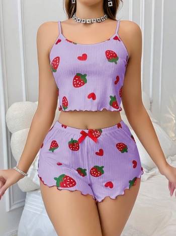 Çilek Desenli Pamuklu Askılı Yazlık Pijama Takımı Lily Bianca 13103