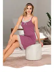 Lila İnce Askılı Viskon Kadın Gecelik Dayanıklı Kumaş Lady 5521