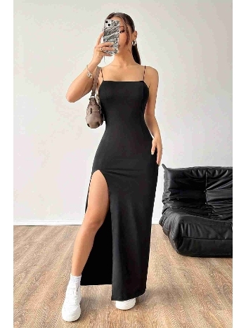 Askılı Şık Yırtmaçlı Uzun Elbise Siyah Merry See MS4427 Siyah