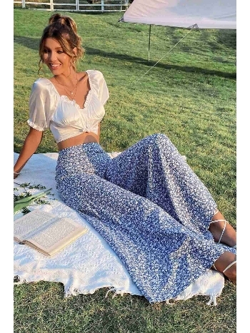 Çiçek Desenli İspanyol Paça Yüksek Bel Dokuma Pantolon Merry See MS2500 Mavi