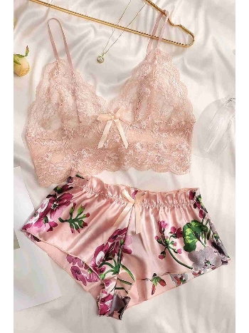 Dantel Büstiyerli Çiçekli Sütyen Şort Pijama Takımı Merry See MS3261 Çok Renkli