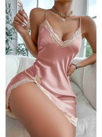 Dantel Büzgü Detaylı Yırtmaçlı Saten Gecelik Pembe Merry See MS2390 Pembe