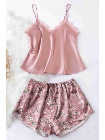 Dantel İşlemeli Çiçek Desenli Pembe Şort Pijama Takımı Merry See MS3260 