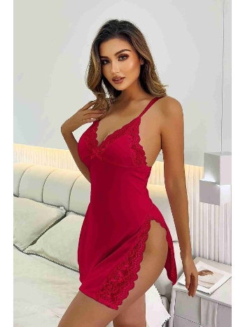 Dantelli Yanlardan Derin Yırtmaçlı Gecelik Kırmızı Merry See MS2394 Kırmızı